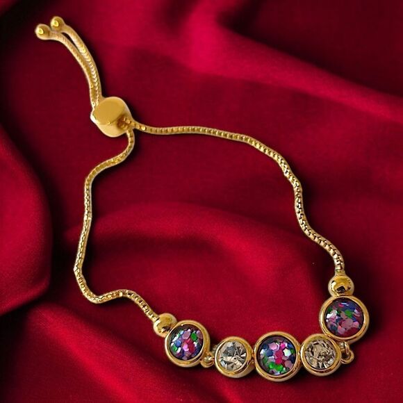 Rhinestone Bolo Bracelet Adjustable Bezel Set Confetti Gold Tone Multi Color - Picture 14 of 16